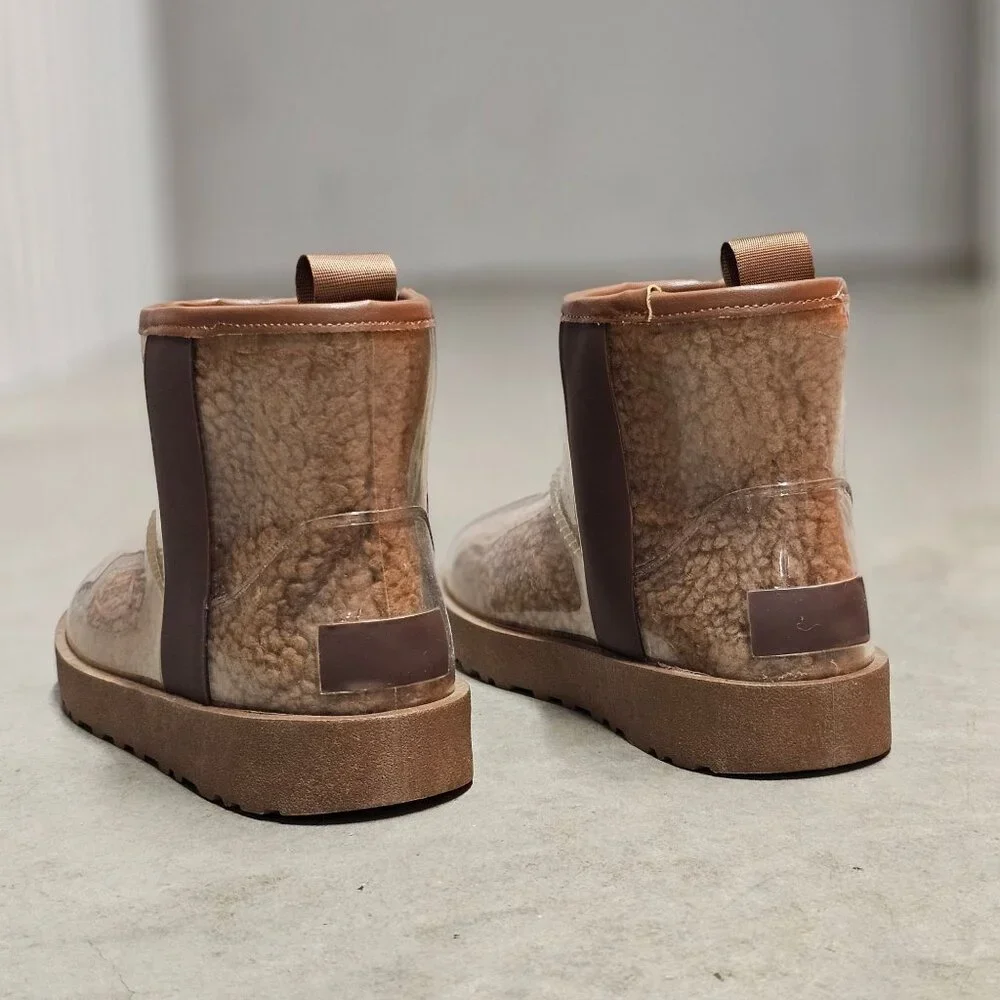 Clear Shearling-Lined Ankle Boots With Brown Trim & Rubber Sole For Women